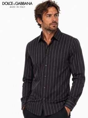 Dolce & Gabbana Black Stripe Dress Shirt Pink Grey Cotton Size 16 Italy